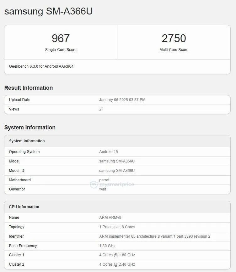 The phone was spotted on the Geekbench listing. | Image credit – MySmartPrice - Samsung Galaxy A36 5G is gearing up to take on the mid-range market