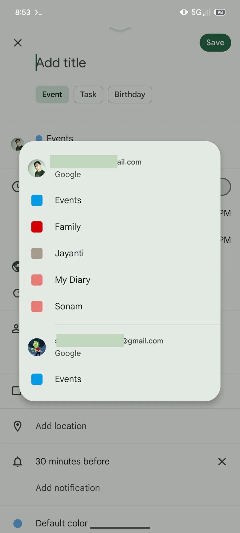 A screenshot of the Google Calendar app on a smartphone.