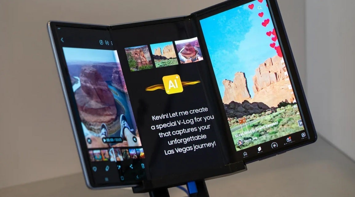 Samsung's Flex G tri-fold display could be employed on a released phone next year. | Image credit-CNET - Samsung shows us the future of smartphone form factors including one panel expected on a 2026 phone