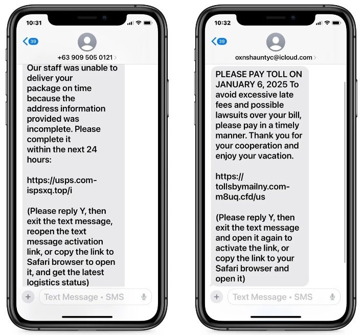 Examples of smishing text messages designed to get you to disable link protection from Apple.