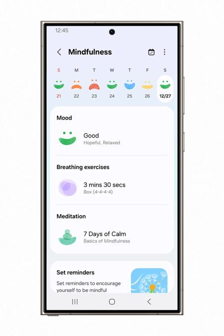 A screenshot from the Samsung Health app's mindfulness feature