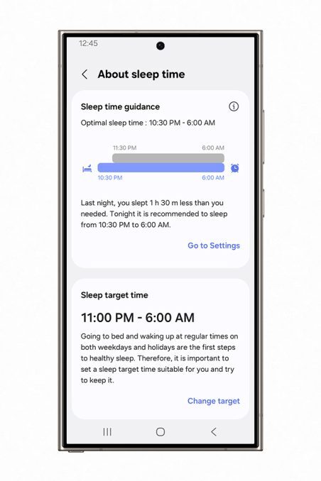 A screenshot from the Samsung Health app's Sleep Time Guidance feature