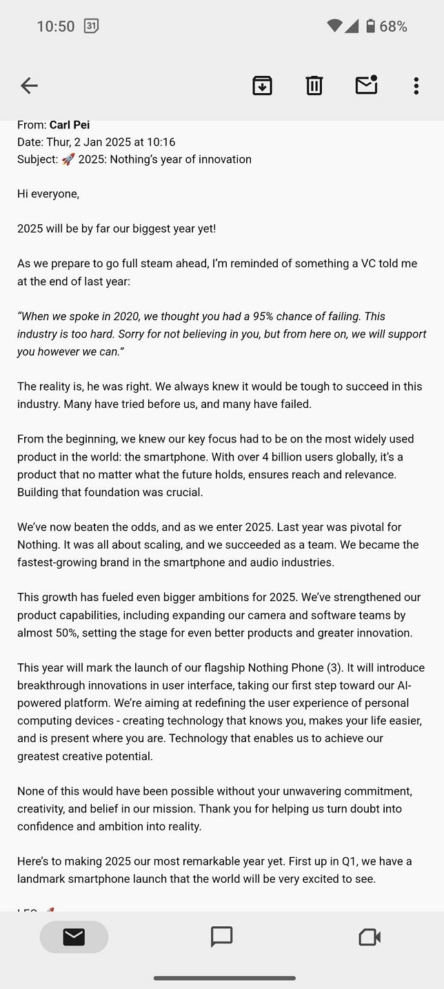 Leaked internal memo from Nothing CEO Carl Pei to employees. | Image credit-Evan Blass - Leaked internal memo reveals that Nothing&#039;s first true flagship phone is coming this quarter