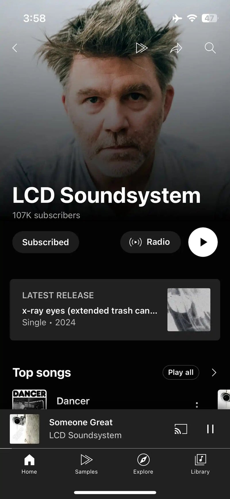 Screenshot of an artist page on the YouTube Music app. 