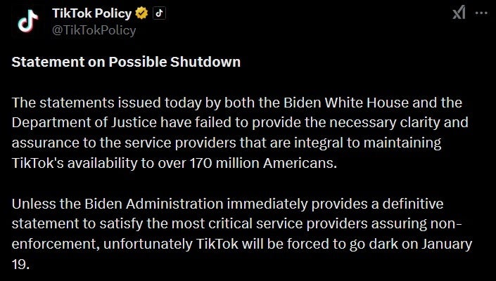 TikTok posts a tweet with its latest statement. | Image credit-X - TikTok admits things look bleak with the app likely &quot;to go dark&quot; on Sunday