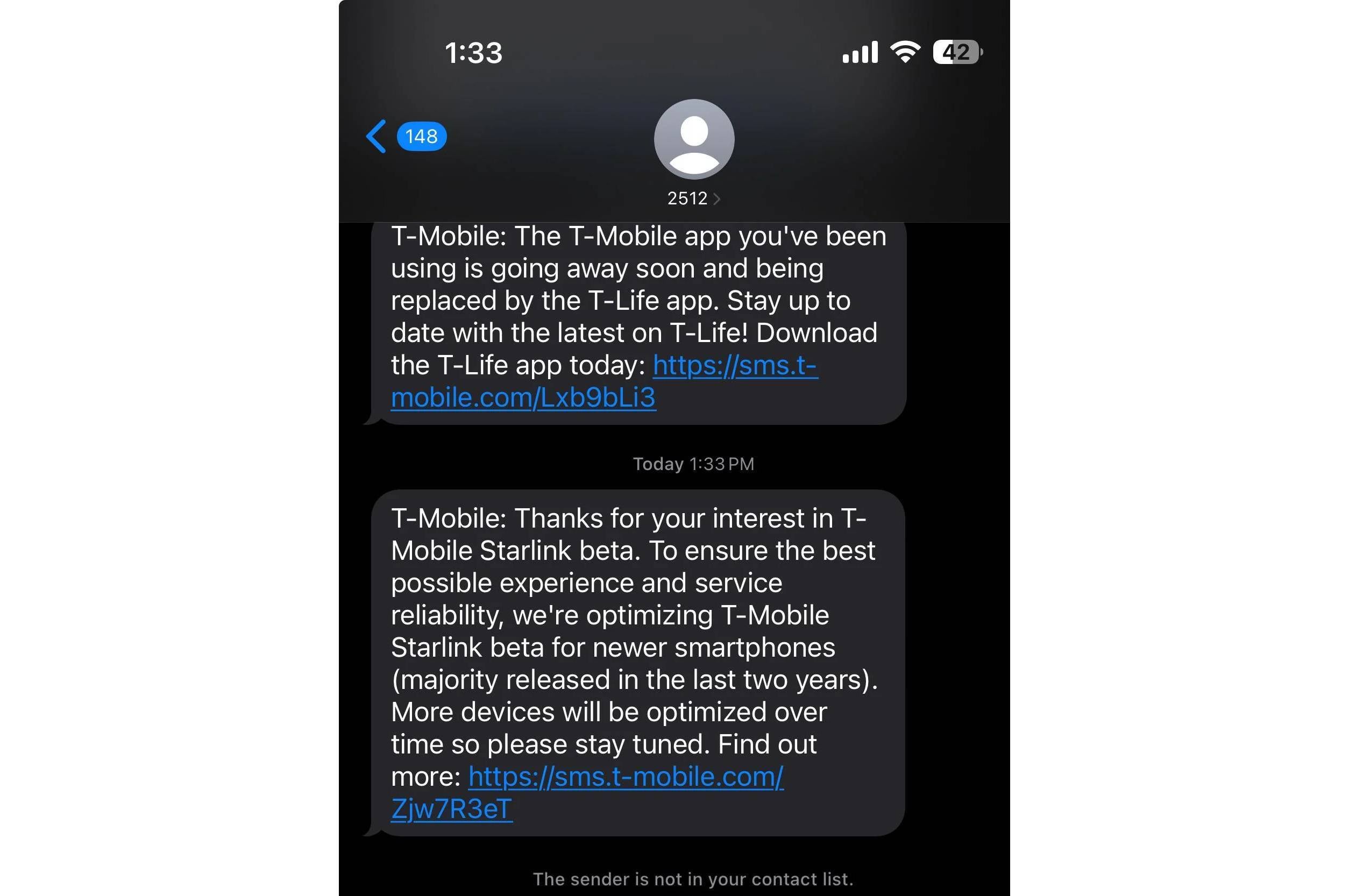 T-Mobile is reportedly only accepting Android phones locked to its network into the satellite beta program. | Image Credit - Reddit user&amp;nbsp;90xfutbol - T-Mobile baffles owners of latest iPhone models with its new text