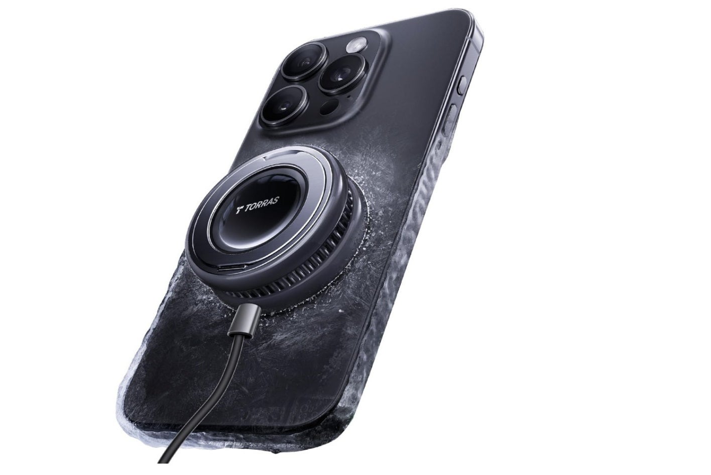 Promotional image showing the Torras PolarCircle charging, depicting that it keeps the phone cold