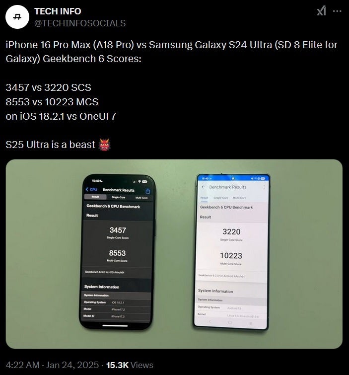 Tweet showing Geekbench results of iPhone 16 Pro Max vs. Samsung Galaxy S25 Ultra.