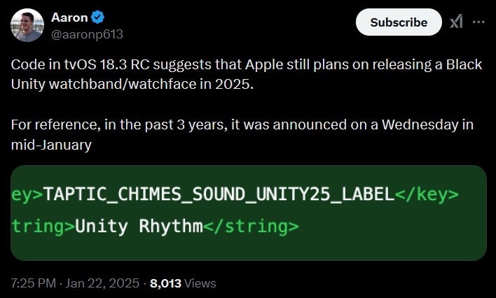 Tweet shows hidden code in tvOS 18.3 RC pointing to a imminent release of the 2025 Apple Watch Black Unity band. | Image credit-X - Overdue Apple Watch accessory could be behind changes being made to Apple Stores