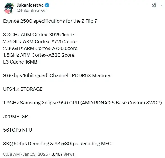 Image Credit - Jukanlosreve on X - Galaxy Z Flip 7 to leave Snapdragon 8 Elite behind, leak suggests, but will Samsung make it worth your while?