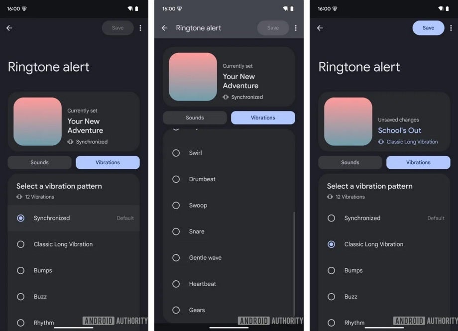 Google Sounds 3.2 Ringtone alert options. | Image credit-Android Authority - Cool new feature will give Pixel users more control over the vibrations they feel from their phones