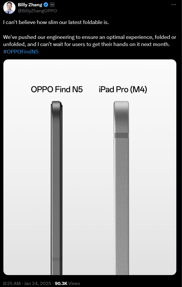 Image credit – X profile of Billy Zhand, President of Overseas Marketing, Sales and Services at OPPO - iPhone 17 Air and Galaxy S25 Edge to be rendered too thick on arrival by this slim beauty