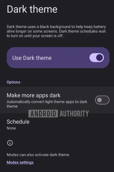 The &quot;. | Image credit — Android Authority - Android 16 may finally give you that option that forces all apps to go dark