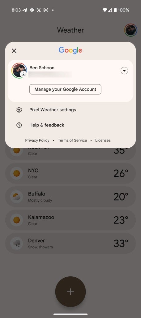 Screenshot of the Pixel Weather app settings in the new version