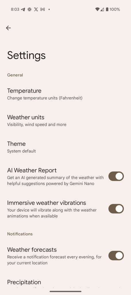 Screenshot of the Pixel Weather app settings in the new version