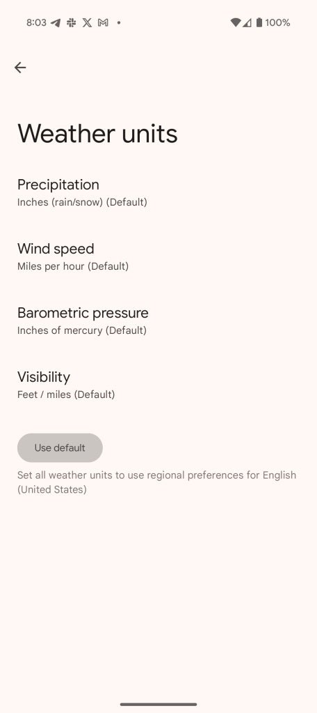 Screenshot of the Pixel Weather app settings in the new version