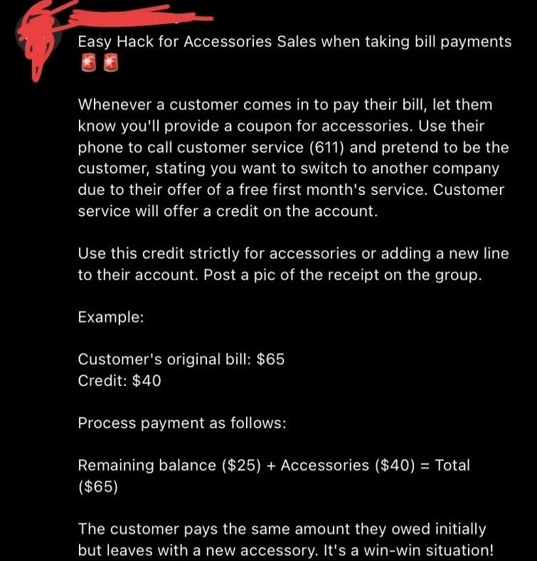 Text from Metro District Manager to his reps reveals shady plan to sell accessories. | Image credit-u/Leftsuitcase - Text from Metro by T-Mobile District Manager to his reps details a shady plan to sell accessories