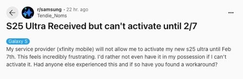 Screenshot of Reddit post on S25 activation issues on Xfinity Mobile