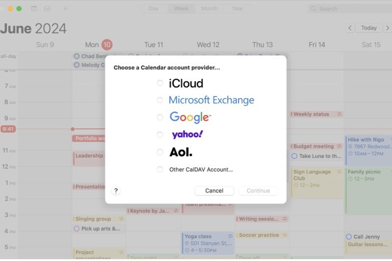 Screenshot of the third party calendar providers in Apple Calendar