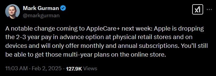 Tweet by Mark Gurman reveals changes coming to AppleCare+. | Image credit-X - Apple to do away with multi-year Apple Care+ option at physical Apple Stores