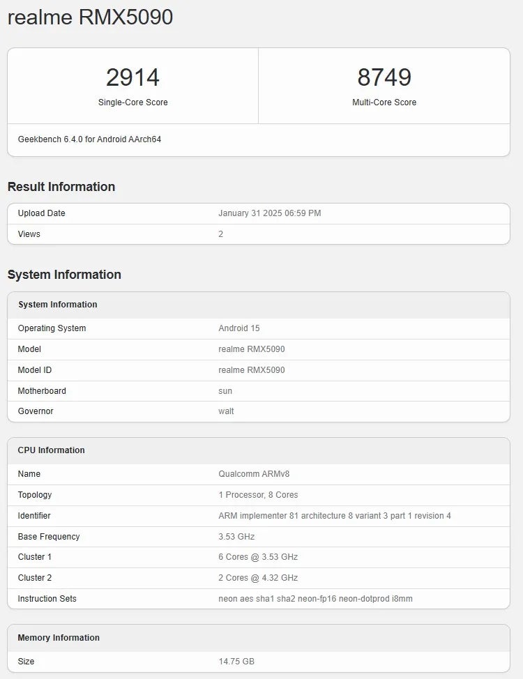 Realme GT 7 benchmark scores