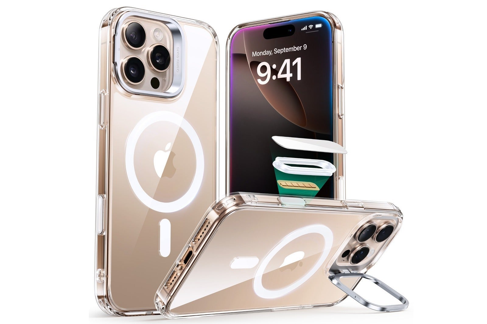 Promotional image of the ESR Stash Stand case showing the three layers of the Camera Control protector and the way the kickstand unfolds