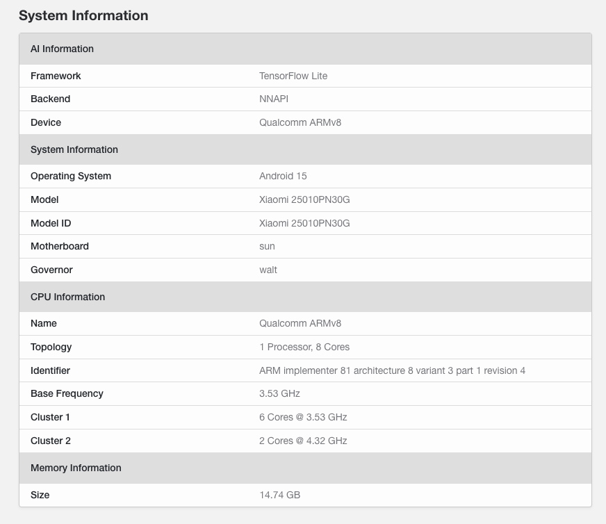 A screenshot of system information on a Xiaomi 15 Ultra smartphone. 