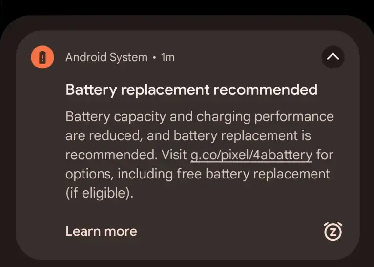 Battery replacement notification. | Image Credit - Android Authority - Pixel 4a battery fiasco: Google apparently cut your battery in half and messed with more, but why?