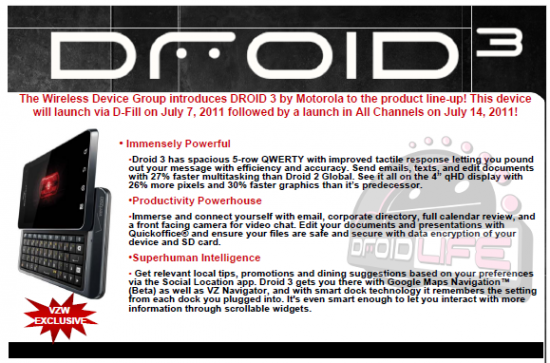 This internal Verizon memo says that the Motrorola DROID 3 will be in stores on July 14th - Motorola DROID 3 set for July 14th launch on Verizon
