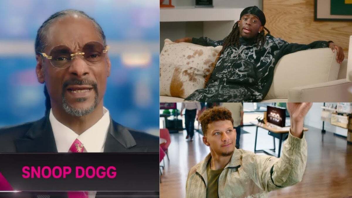 Snoop Dogg, Patrick Mahomes, and Kai Cenat from a T-Mobile television ad.