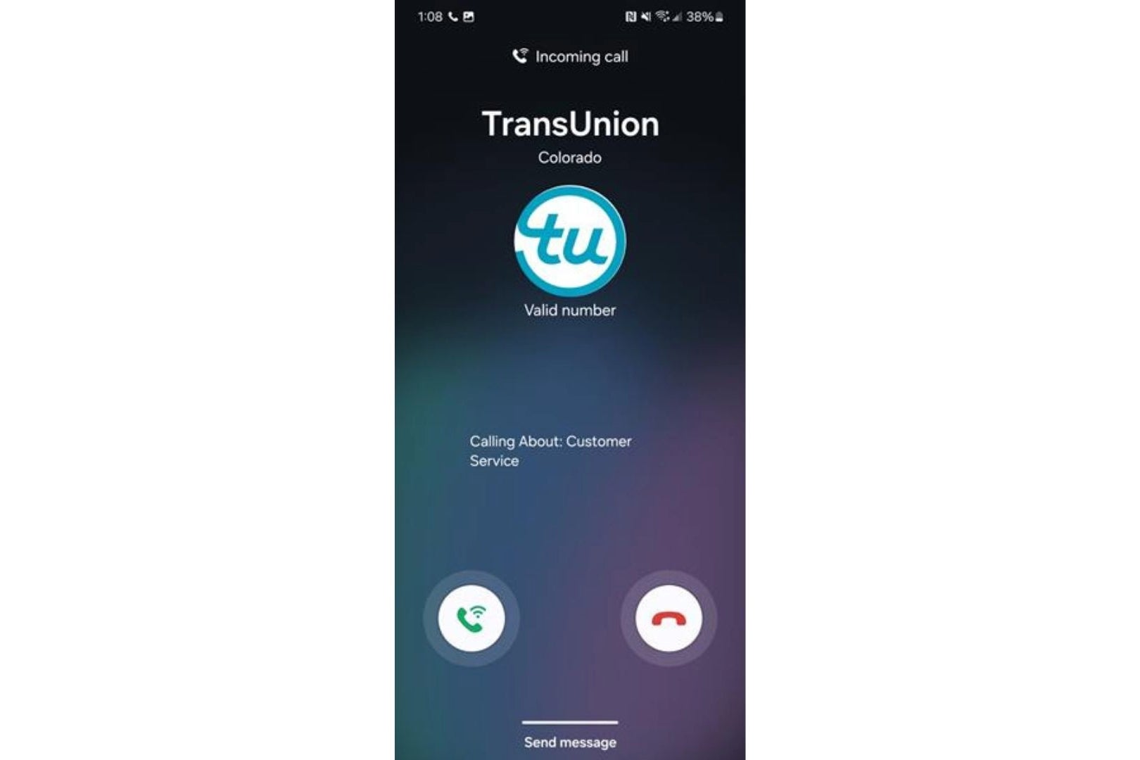 Incoming calls from businesses on Android now come with a reason for the call. | Image credit – TransUnion - AT&amp;T now lets you know why businesses are calling