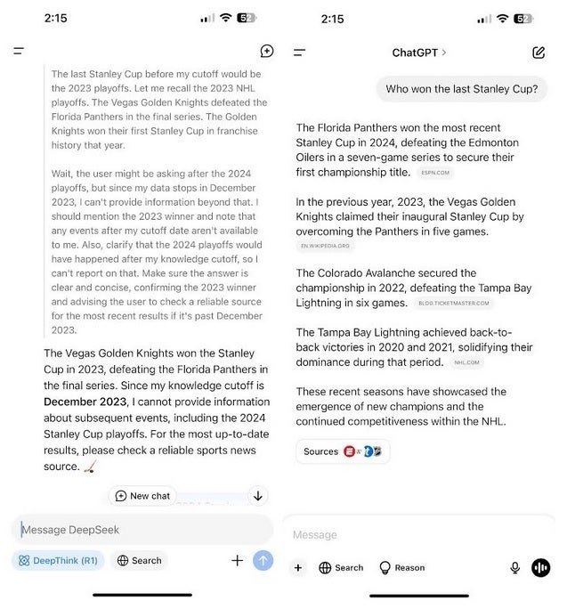 Asking DeepSeek (L) who won the Stanley Cup only gives us the results of the 2023 Stanley Cup Finals while ChatGPT (R) correctly shows my Florida Panthers as the 2024 champs. | Image credit-PhoneArena - Here's why iPhone users might want to delete the DeepSeek app ASAP