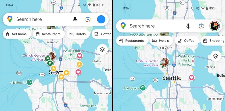 Images of Google Maps showing pins before and after the new changes made by Google.