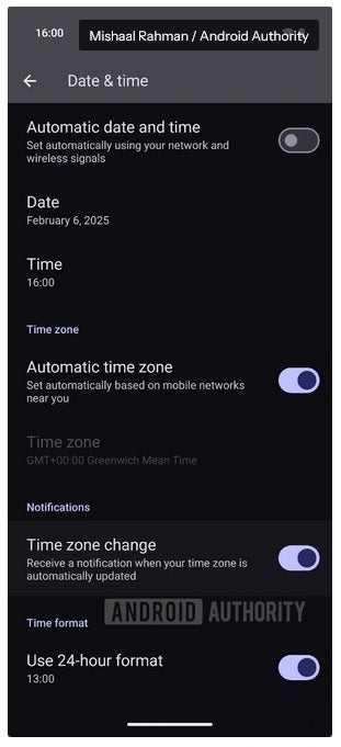 This is what the Date &amp; time menu will look like when the time zone change notification feature is available. | Image credit-Android Authority - Google tests useful Android 16 feature that alerts you to time zone changes