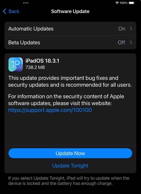 Screenshot of the iPadOS 18.3.1 update rolling out