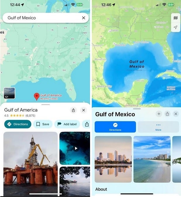 Comparing Google Maps and Apple Maps compliance with Trump&amp;#039;s Gulf of America Executive Order.