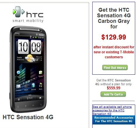 HTC Sensation 4G is now selling at a cool $129.99 over at Wirefly