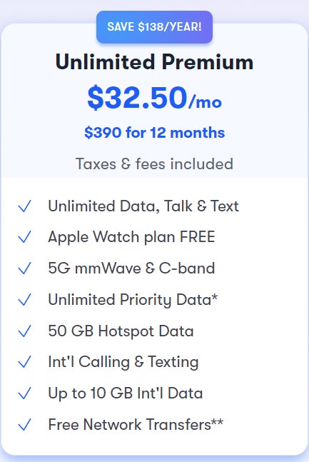 US Mobile Unlimited Premium plan