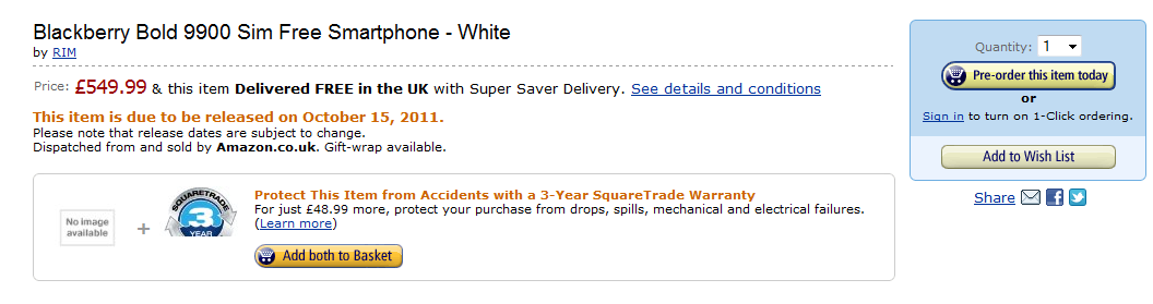 Amazon's UK web site already lists the BlackBerry Bold 9900 in white, available October 15th - Amazon UK says the BlackBerry Bold 9900 will be available in white on October 15th