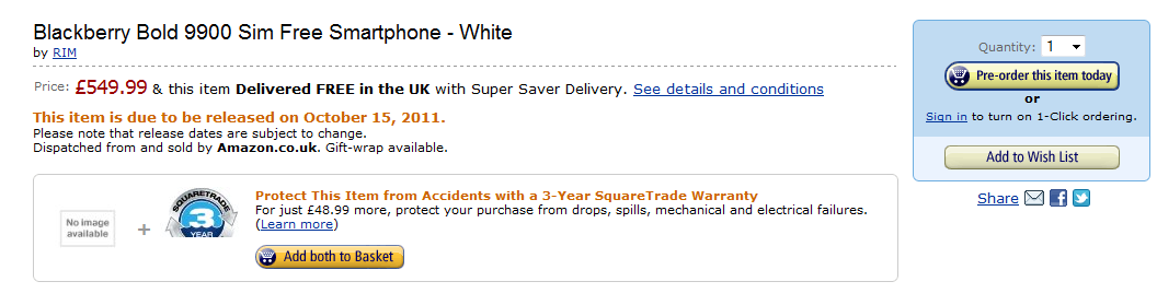 Amazon&#039;s UK web site already lists the BlackBerry Bold 9900 in white, available October 15th - Amazon UK says the BlackBerry Bold 9900 will be available in white on October 15th