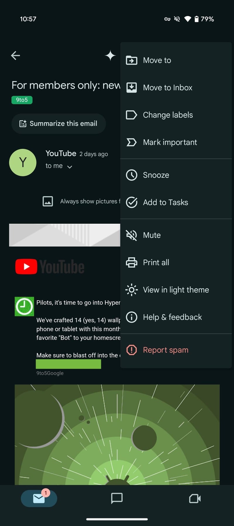 Screenshot of the new Gmail for Android menu navigation