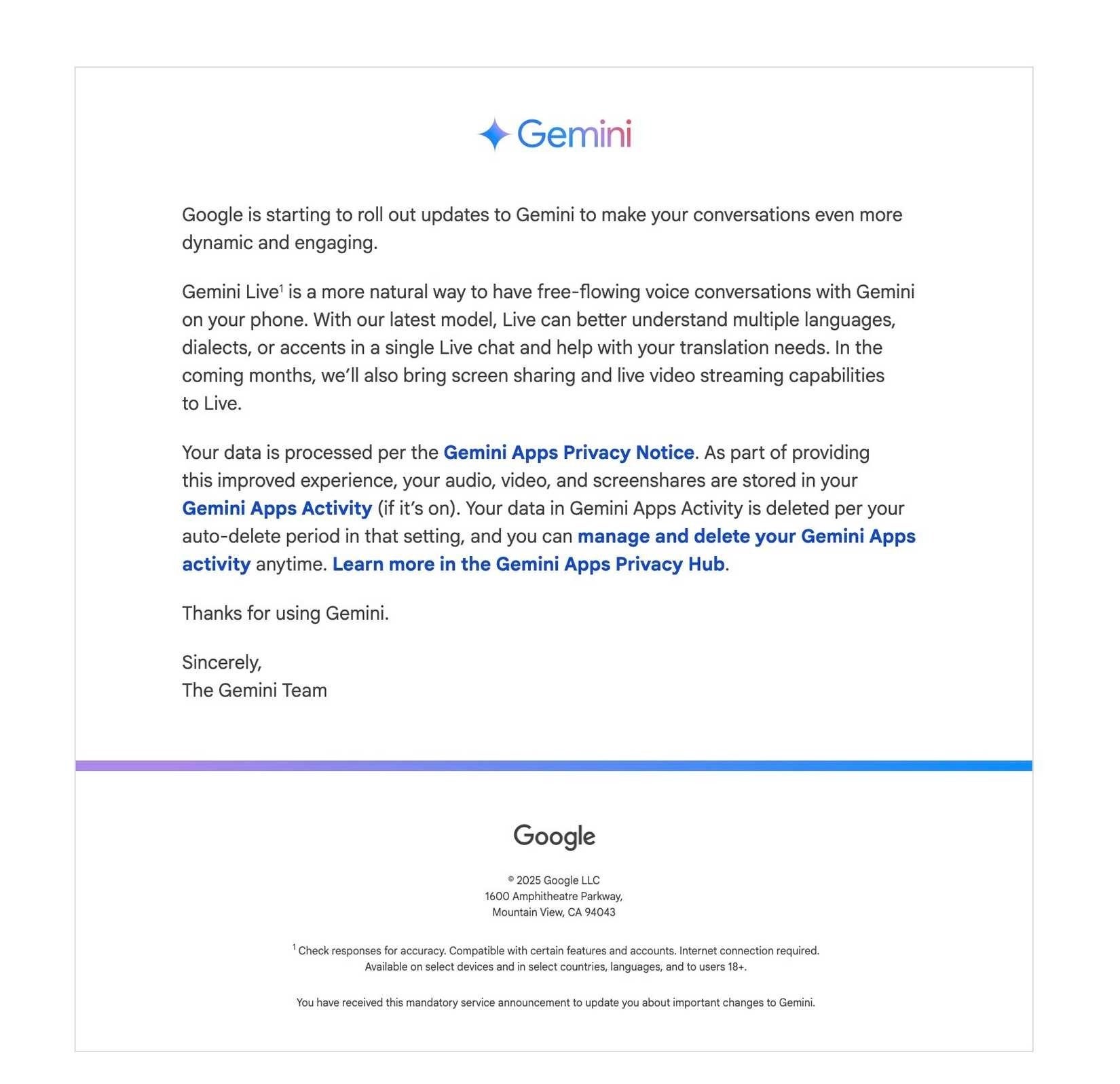 Gemini Live update email. - Gemini live gets smarter: screen sharing, video streaming, and improved language understanding