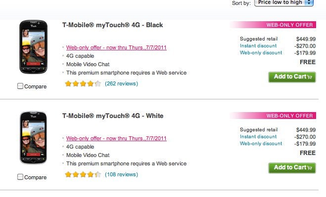 T-Mobile has the myTouch 4G on sale for free online only until July 7