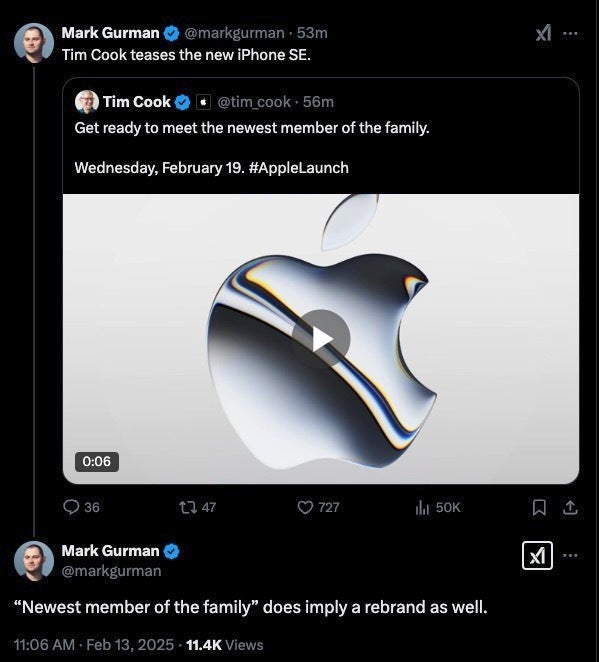 Screenshot from Mark Gurman X post on the iPhone SE 4 possible rebrand