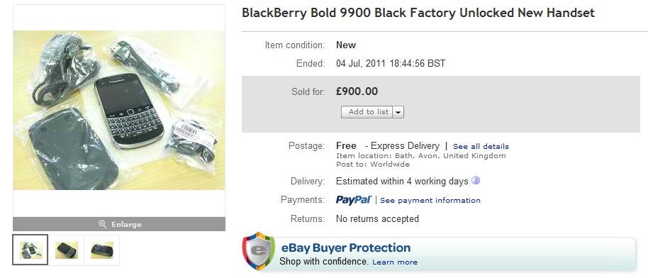 Pre-release BlackBerry Bold 9900 sells for £900 ($1,448) on eBay UK