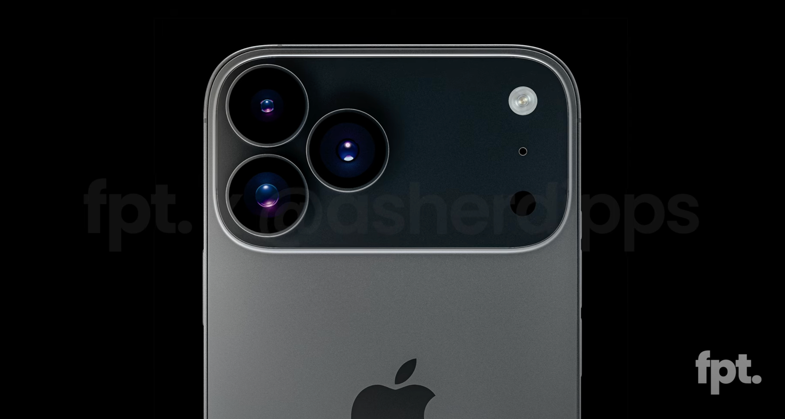 A close-up of the rear camera module of an iPhone, showing three camera lenses and a flash.