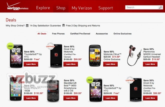 This leaked screenshot of the revamoed Verizon website shows some great deals are coming to Big Red's customers - HTC ThunderBolt to be offered for free from Verizon?