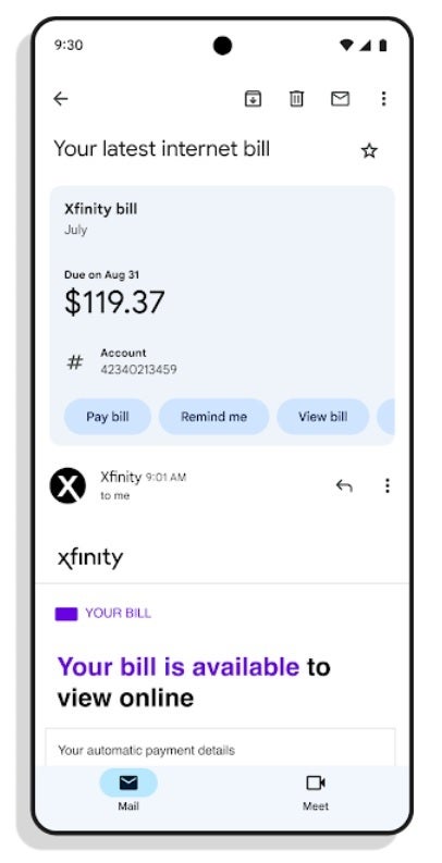 An example of a summary card that allows you to pay a bill without opening the email. | Image credit-Google - Android, iOS users can pay bills directly from their Gmail app without opening an email