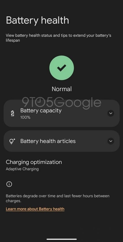 The revised Battery Health page found in Android 16 Beta 2." | Image credit-9to5Google - Eagerly awaited Pixel Battery Health page appears in revised form in latest Android 16 Beta release