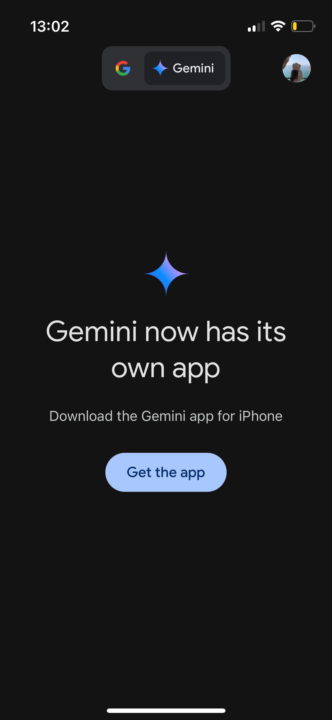 A screenshot of the Google app on iOS, displaying the Gemini tab. 